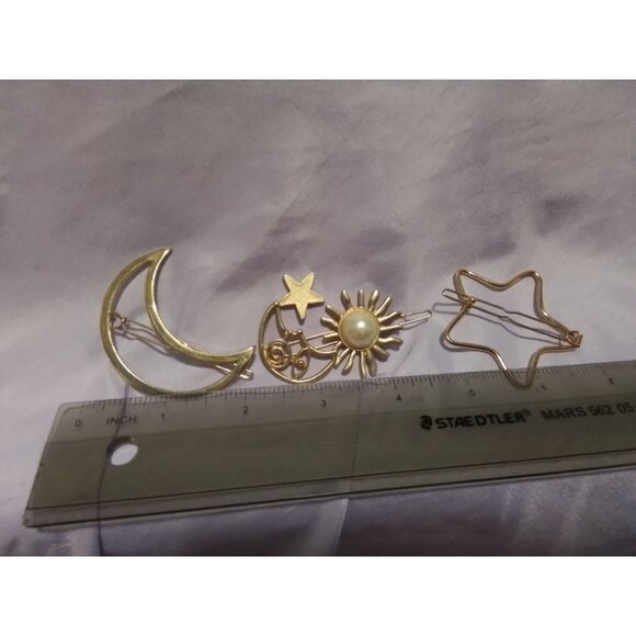 Crescent Moon Sun & Star Hair Clip Barrette Set Gold Tone Faux Pearl - Picture 3 of 4